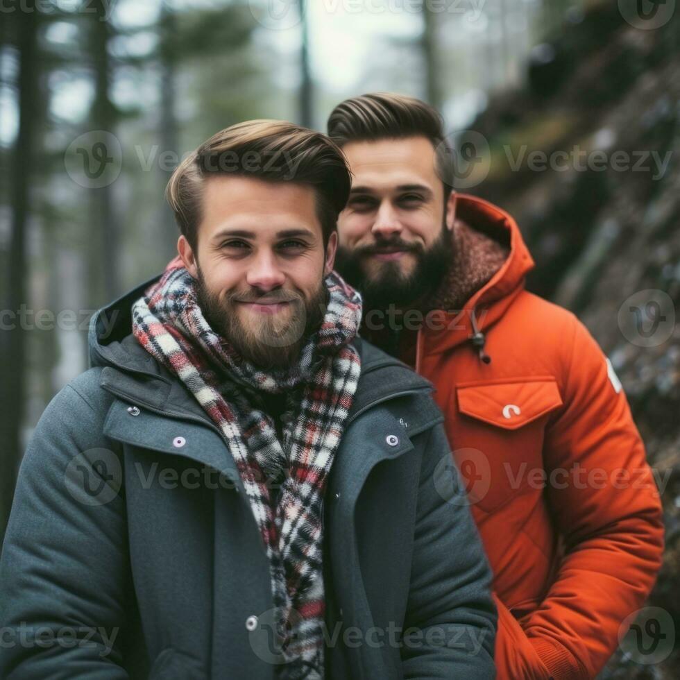 amoroso homosexual Pareja es disfrutando un romántico invierno día ai generativo foto