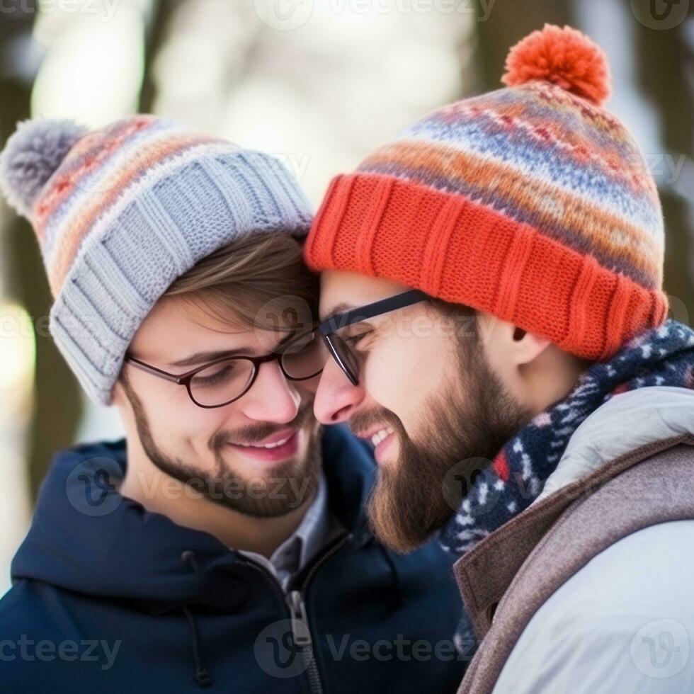 amoroso homosexual Pareja es disfrutando un romántico invierno día ai generativo foto