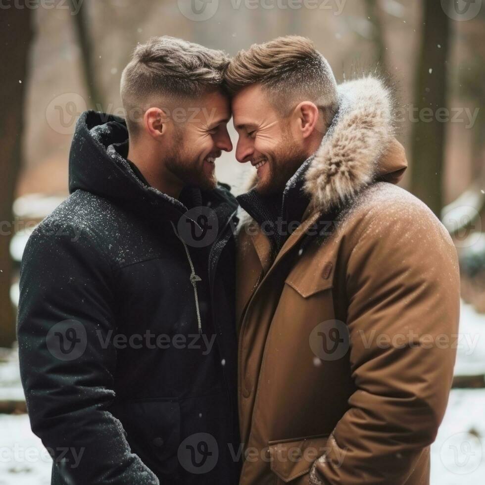 Loving homosexual couple is enjoying a romantic winter day AI Generative photo