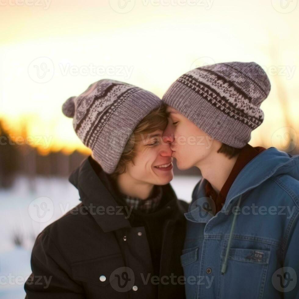 amoroso homosexual Pareja es disfrutando un romántico invierno día ai generativo foto