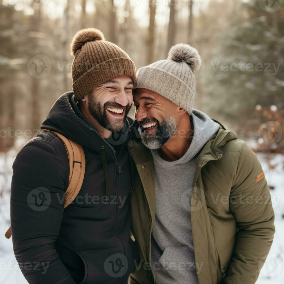 Loving homosexual couple is enjoying a romantic winter day AI Generative photo