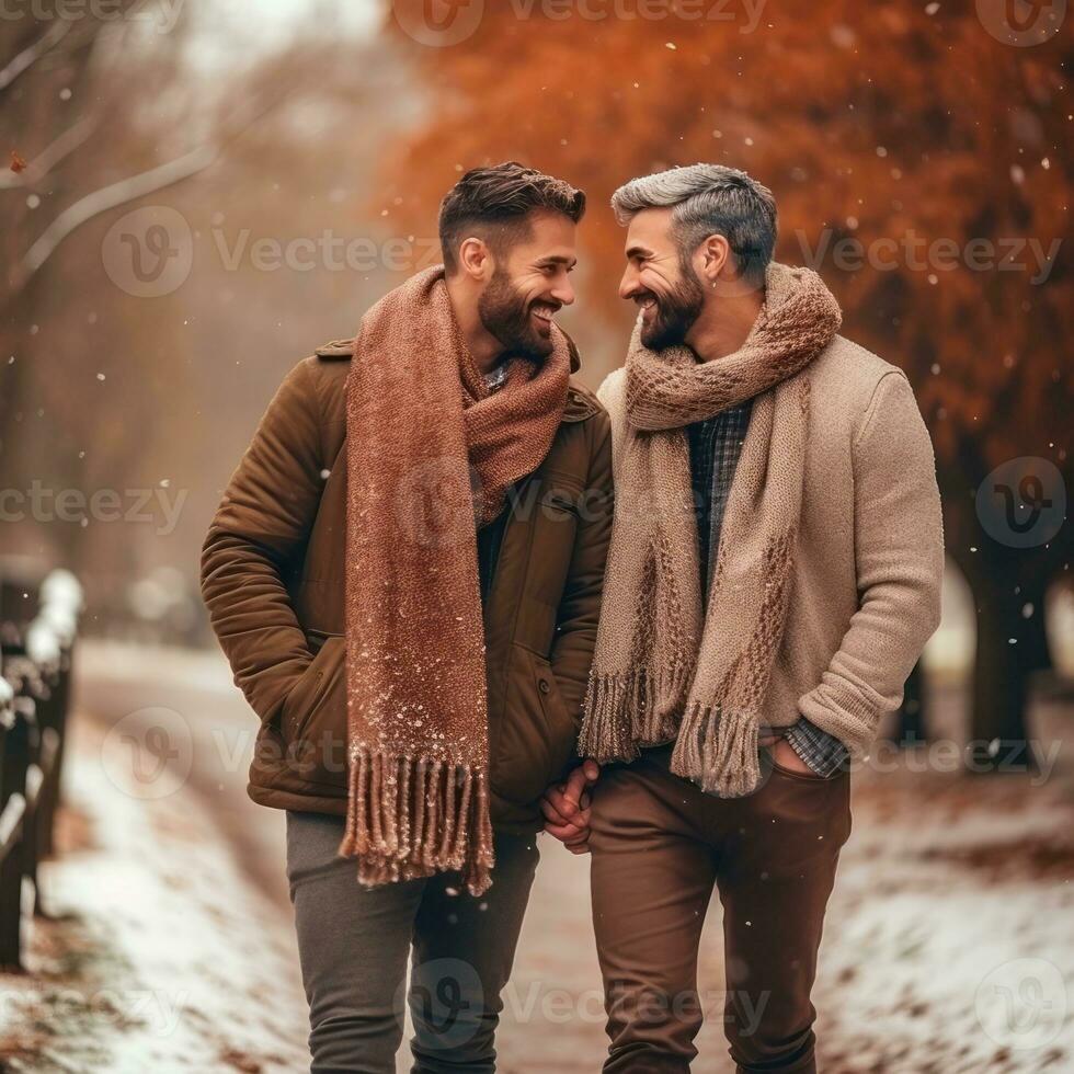 amoroso homosexual Pareja es disfrutando un romántico invierno día ai generativo foto