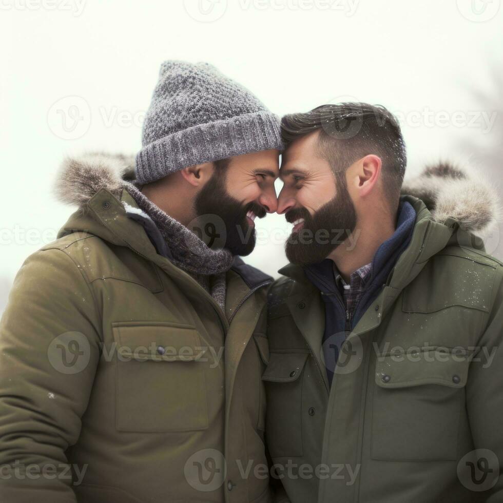 Loving homosexual couple is enjoying a romantic winter day AI Generative photo