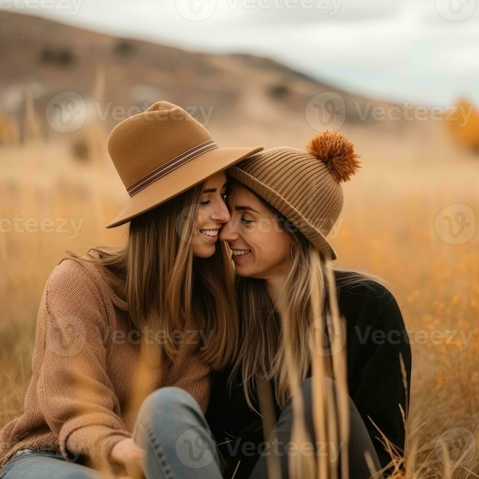 Loving homosexual womans couple is enjoying a romantic autumn day AI Generative photo