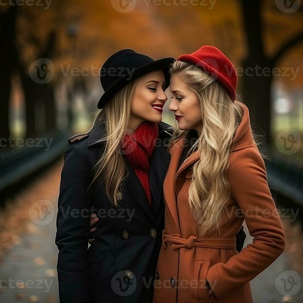 Loving homosexual womans couple is enjoying a romantic autumn day AI Generative photo