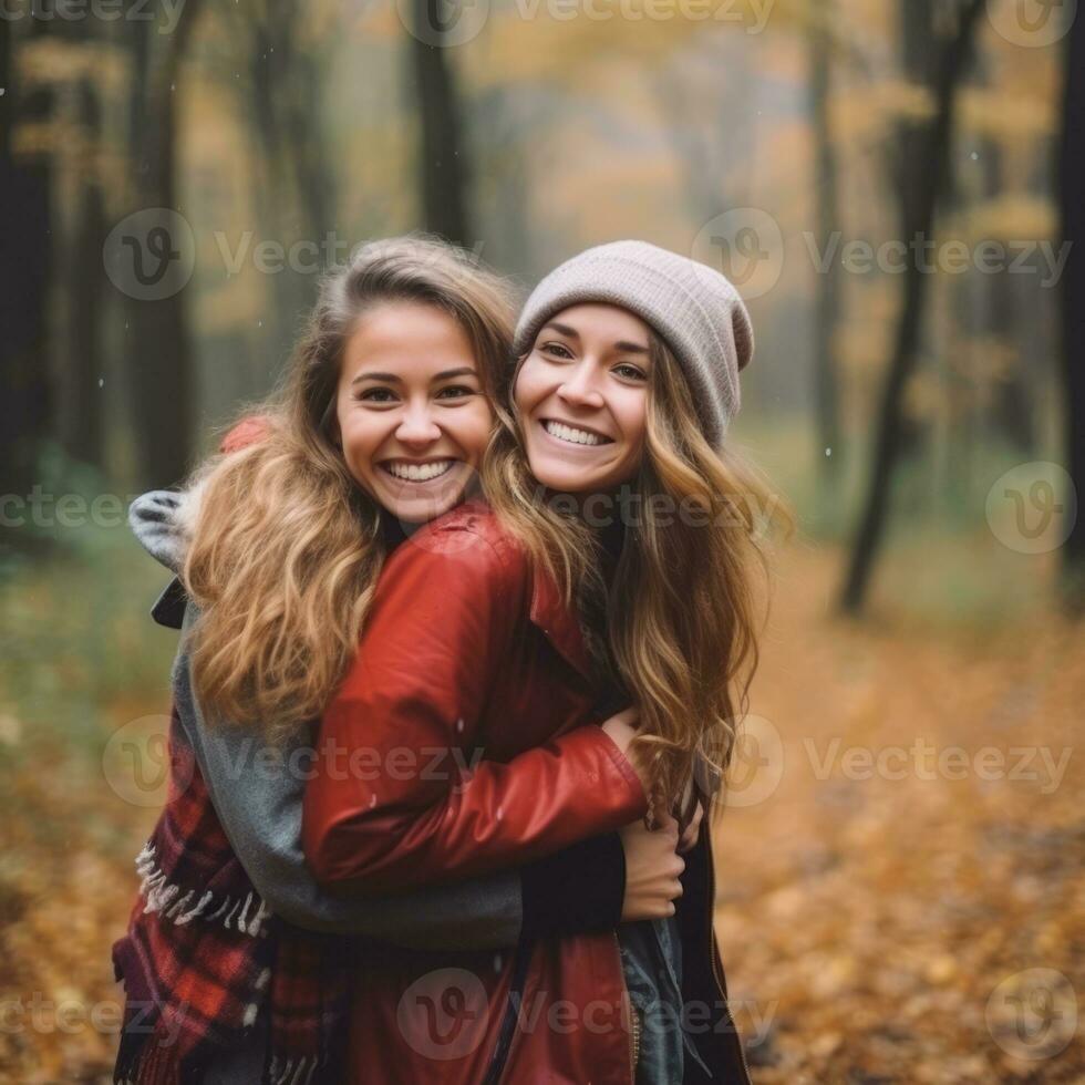 Loving homosexual womans couple is enjoying a romantic autumn day AI Generative photo