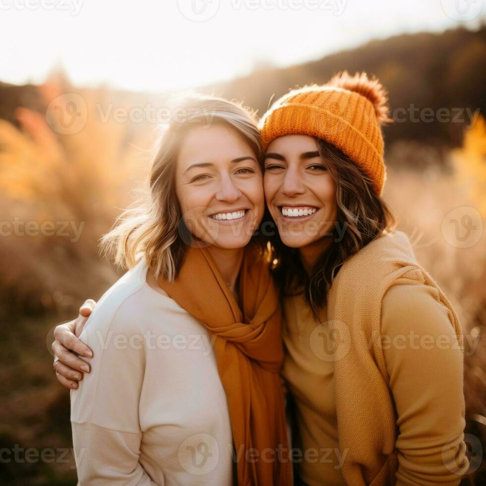 Loving homosexual womans couple is enjoying a romantic autumn day AI Generative photo