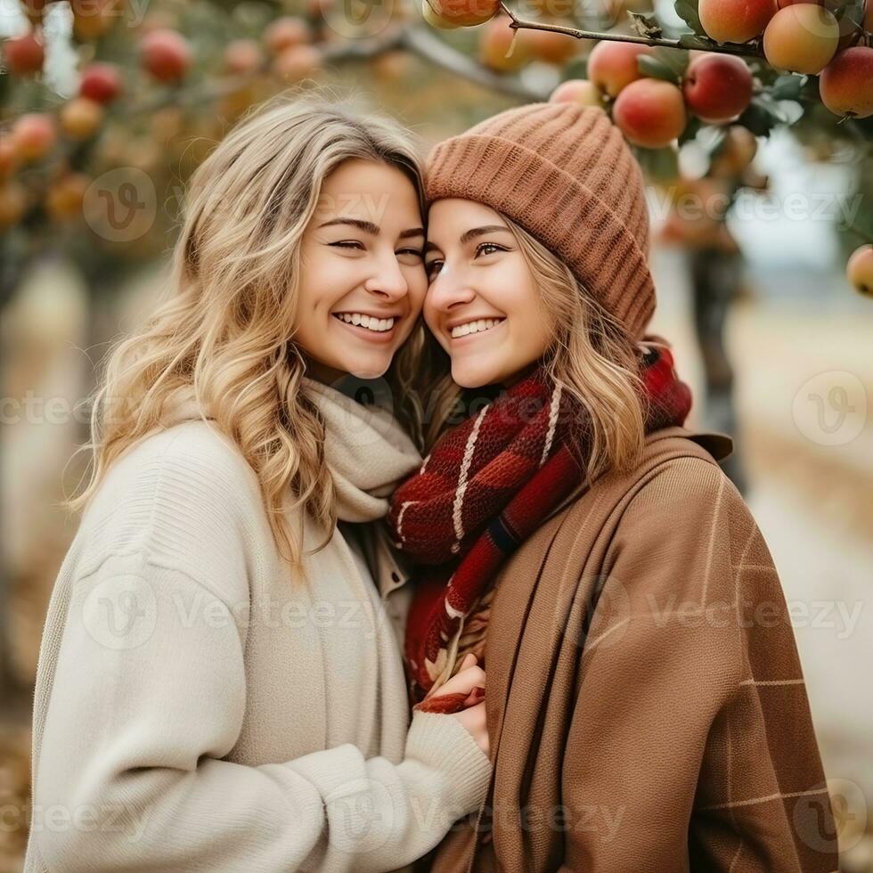 Loving homosexual womans couple is enjoying a romantic autumn day AI Generative photo