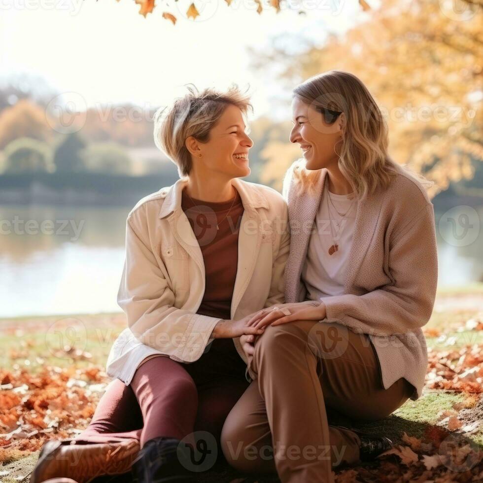 Loving homosexual womans couple is enjoying a romantic autumn day AI Generative photo