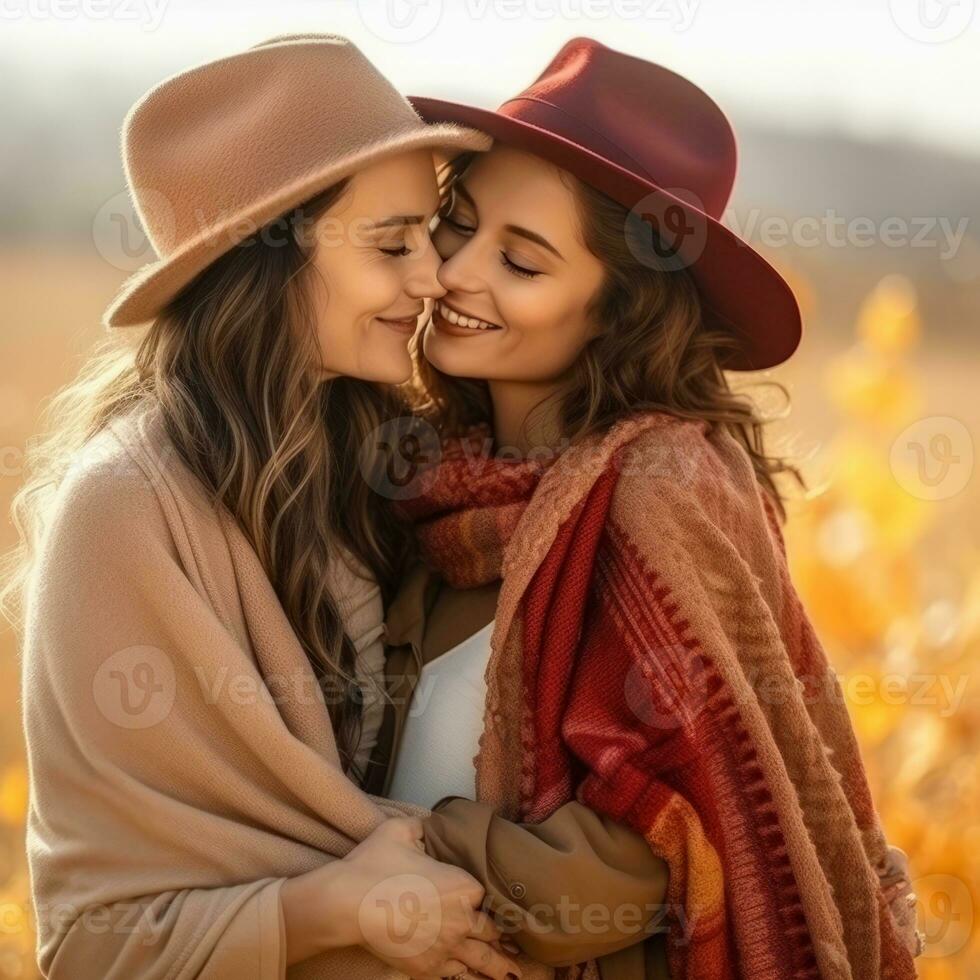 Loving homosexual womans couple is enjoying a romantic autumn day AI Generative photo