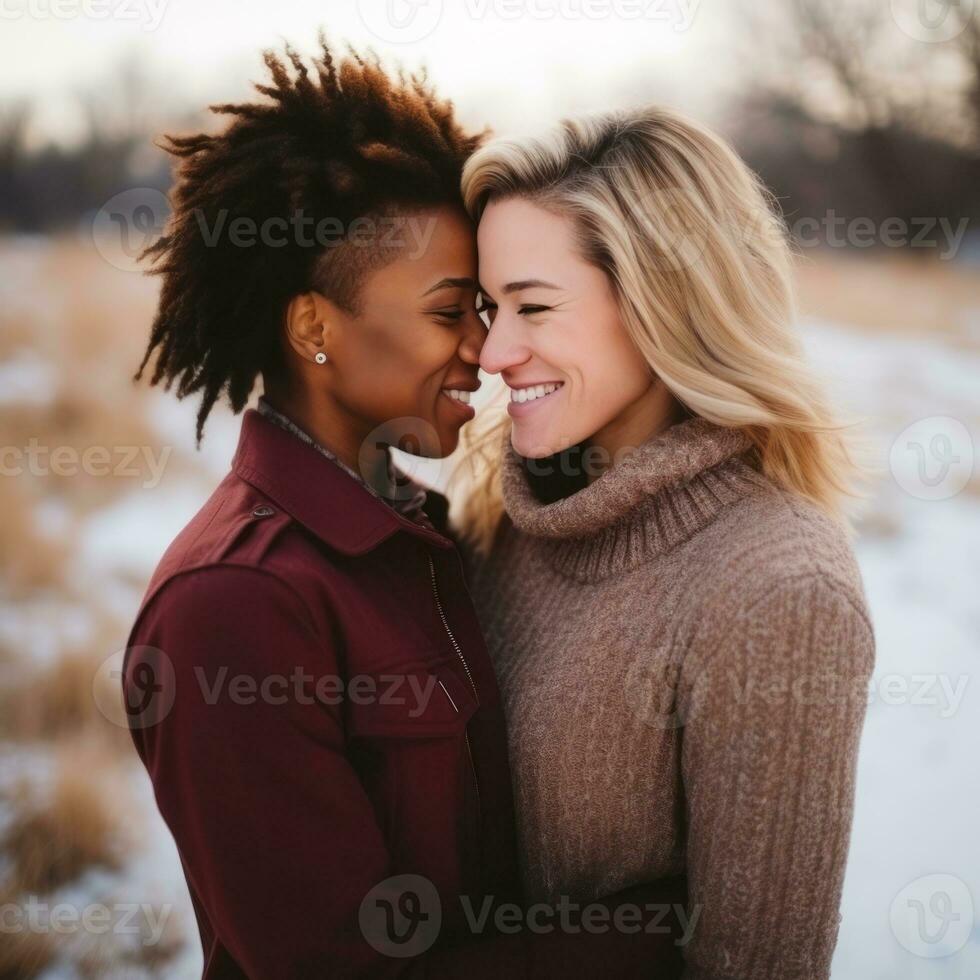 amoroso homosexual mujeres Pareja es disfrutando un romántico invierno día ai generativo foto