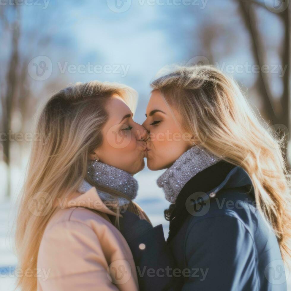 Loving homosexual womans couple is enjoying a romantic winter day AI Generative photo
