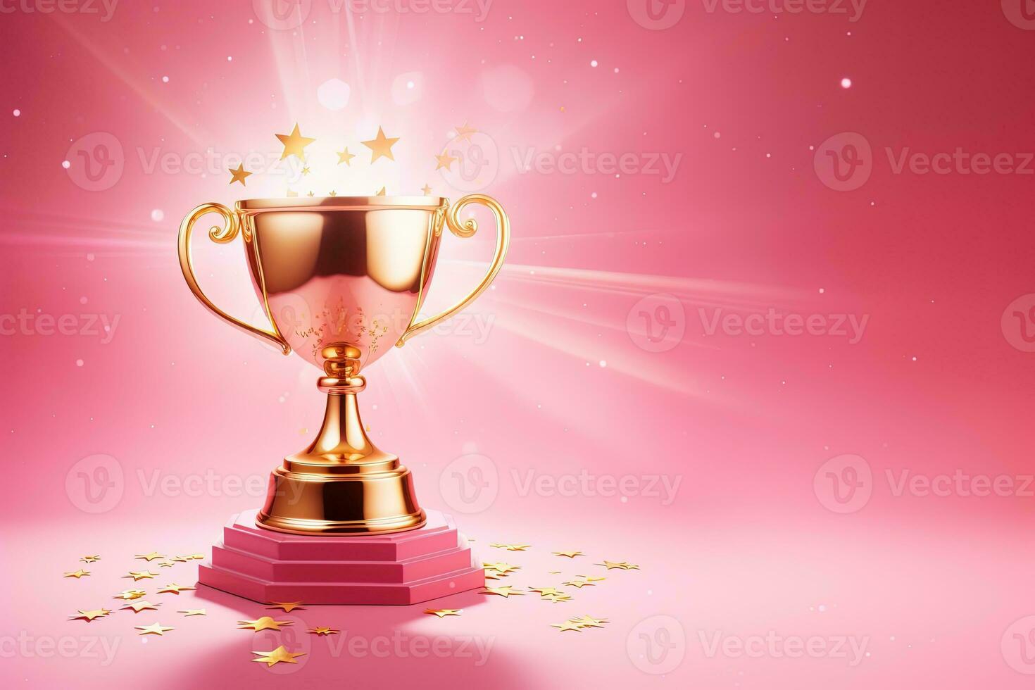 Generative AI, Winner trophy with flames, pink golden champion cup with falling confetti on pink background photo