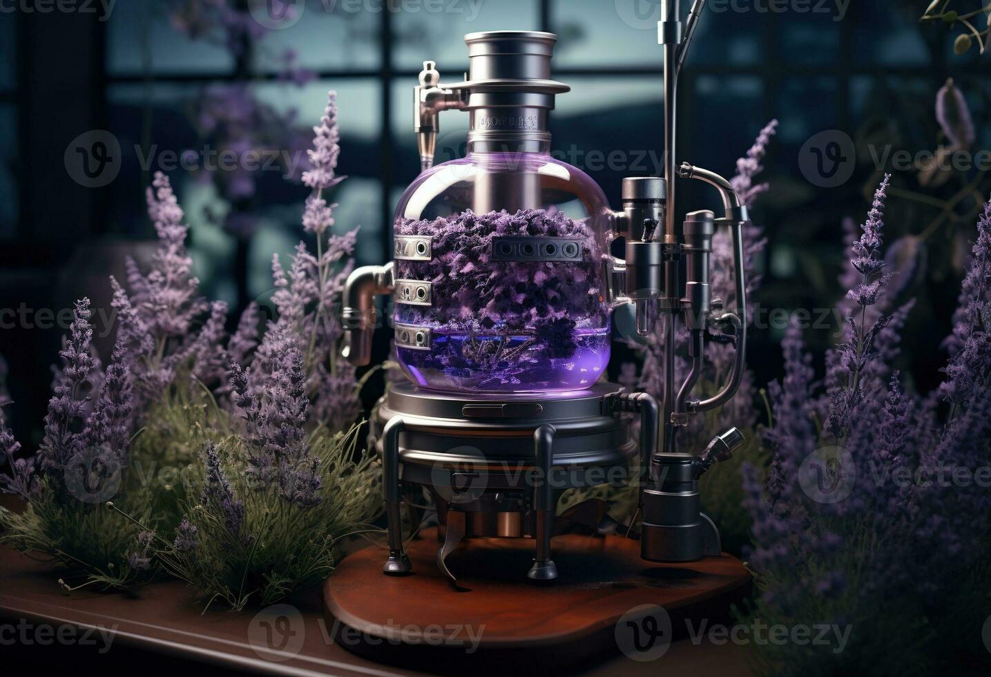 Generative AI, Essential oil extraction with distillery machine with lavender flowers photo