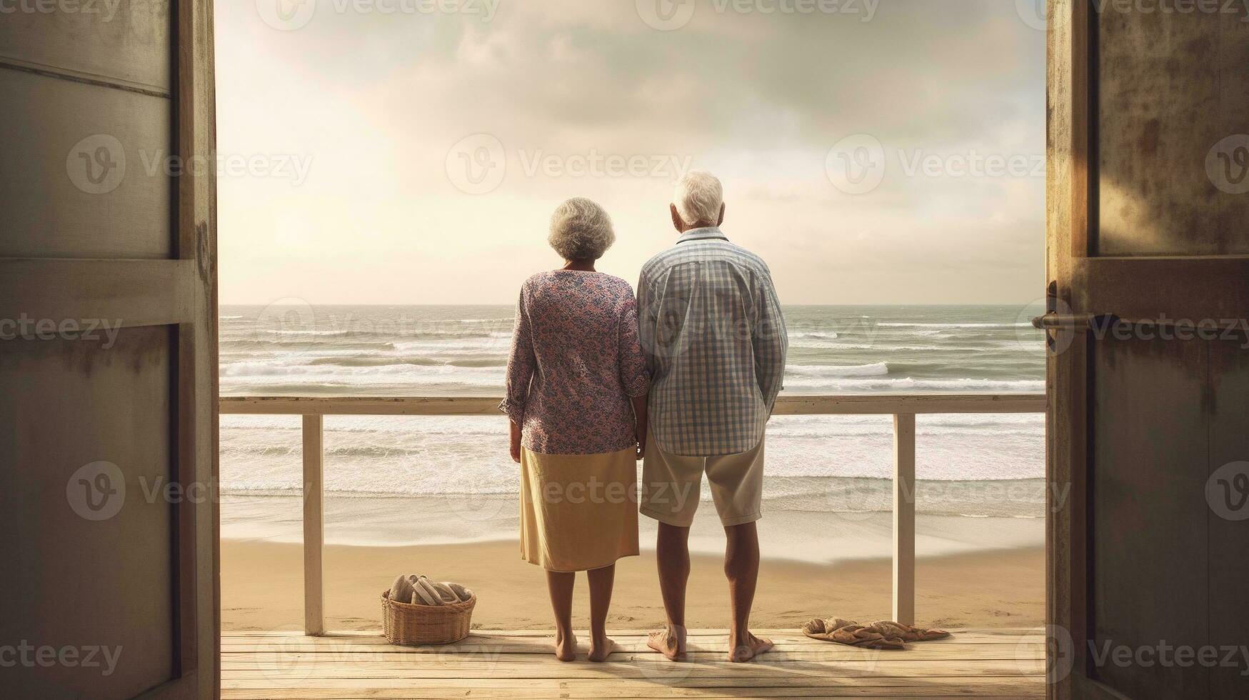 Generative AI, A senior couple looking to the ocean or sea, having fun at the beach photo