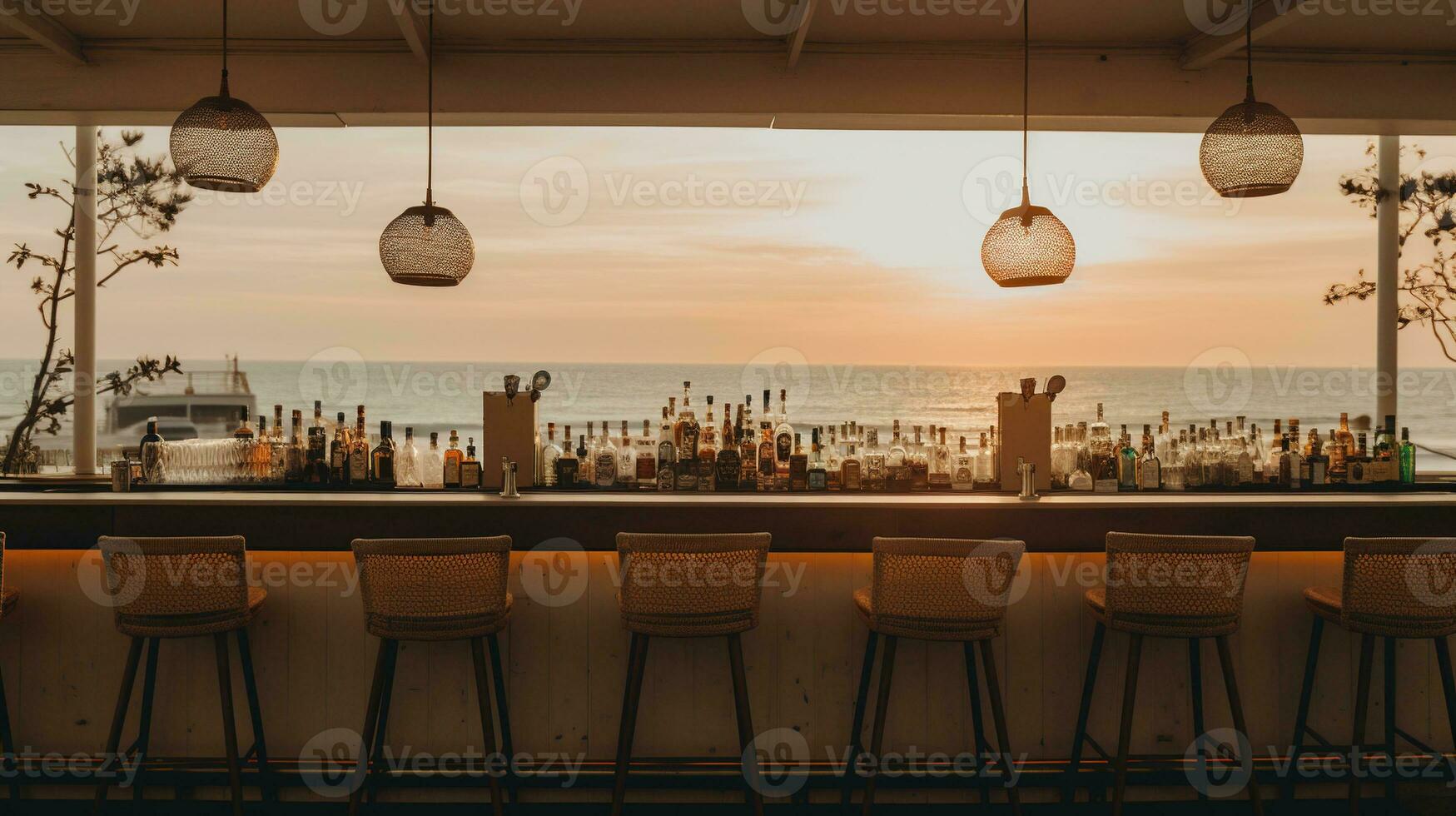 Generative AI, summer sunset beach bar background. Outdoor restaurant, Led light candles and wooden tables, chairs under beautiful sunset sky, sea view. photo