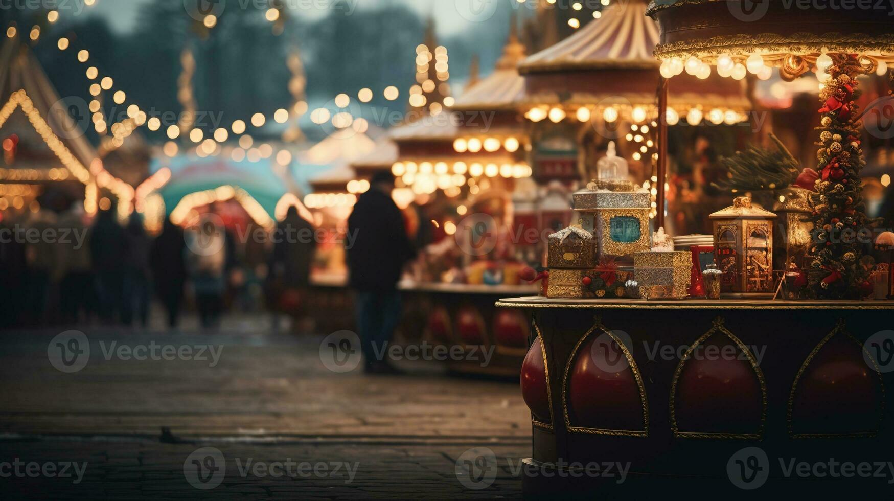 generativo ai, Navidad justa borroso fondo, invierno calle mercado en Europa foto