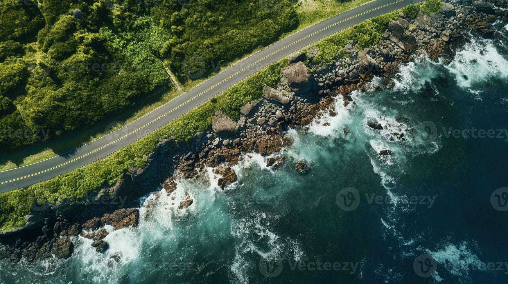 Generative AI, Aerial view of curved asphalt road near the ocean or sea, coastline photo