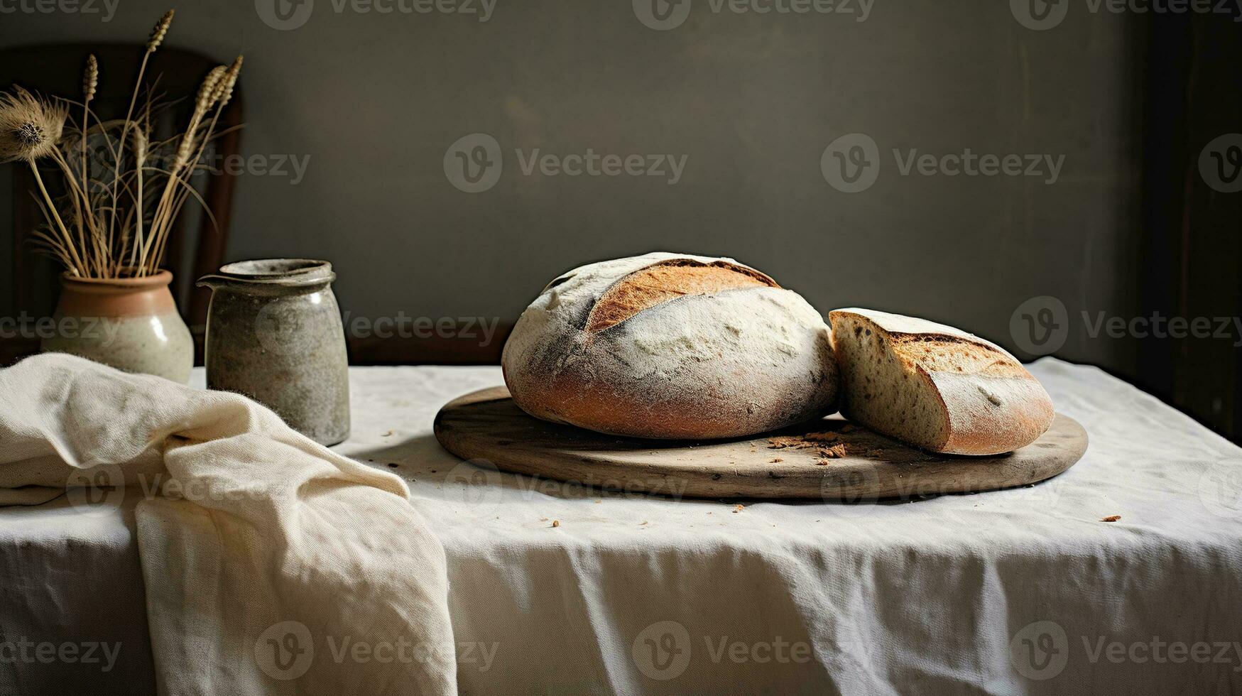 Generative AI, freshly baked bread or bakery at the home kitchen, ecologically natural pastries, linen table wear and wheat photo