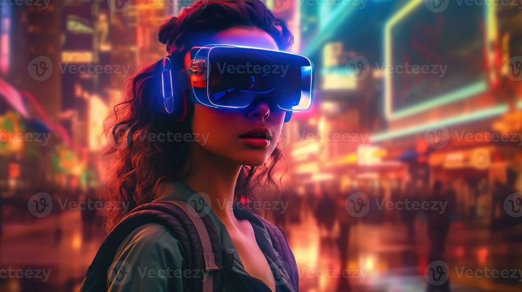 Generative AI, beautiful woman in VR glasses in neon space street, virtual reality headset in cyberspace photo