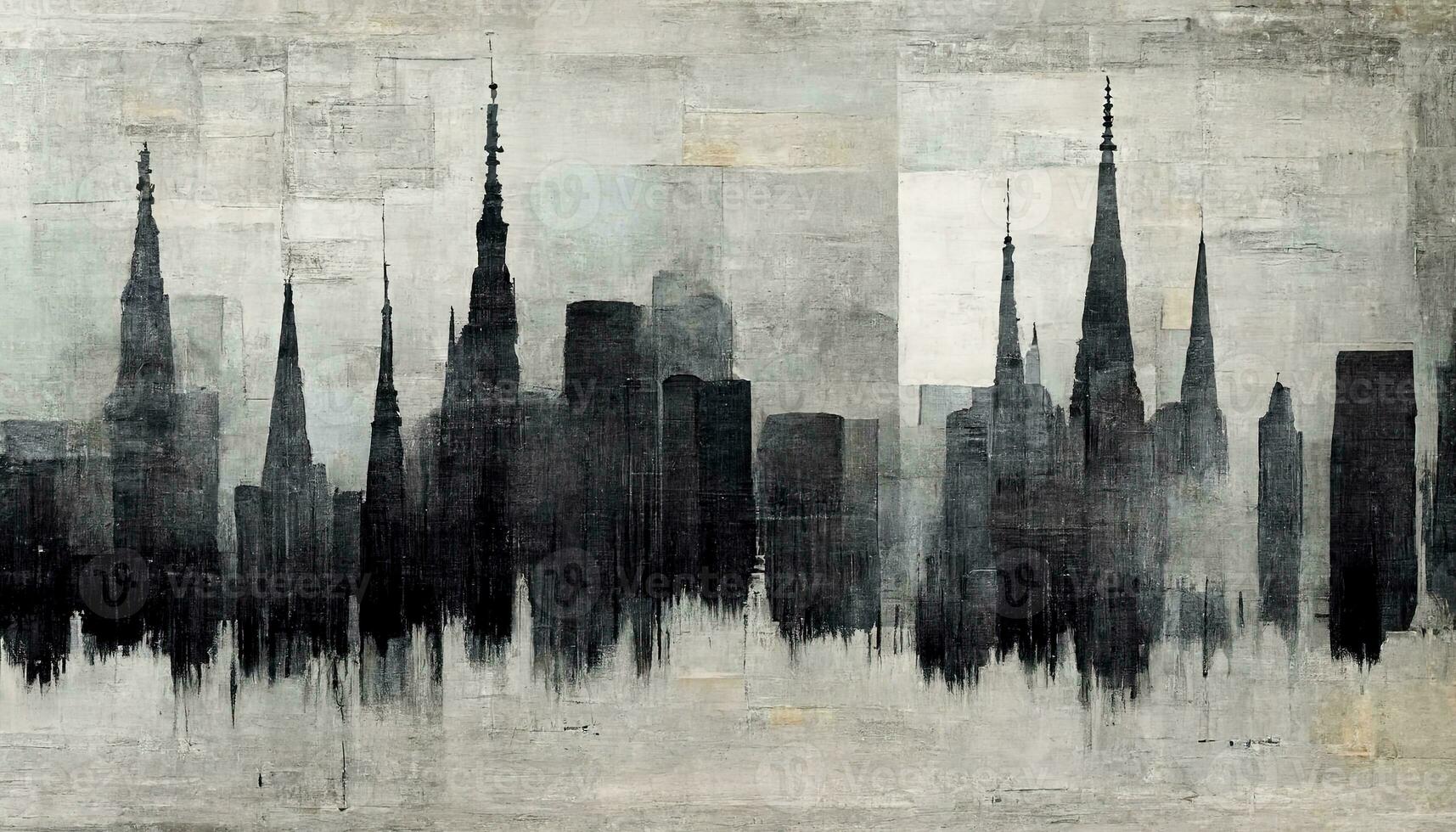 Generative AI, Black watercolor abstract cityscape painted background. Ink black street graffiti art on a textured paper vintage background, washes and brush strokes. photo