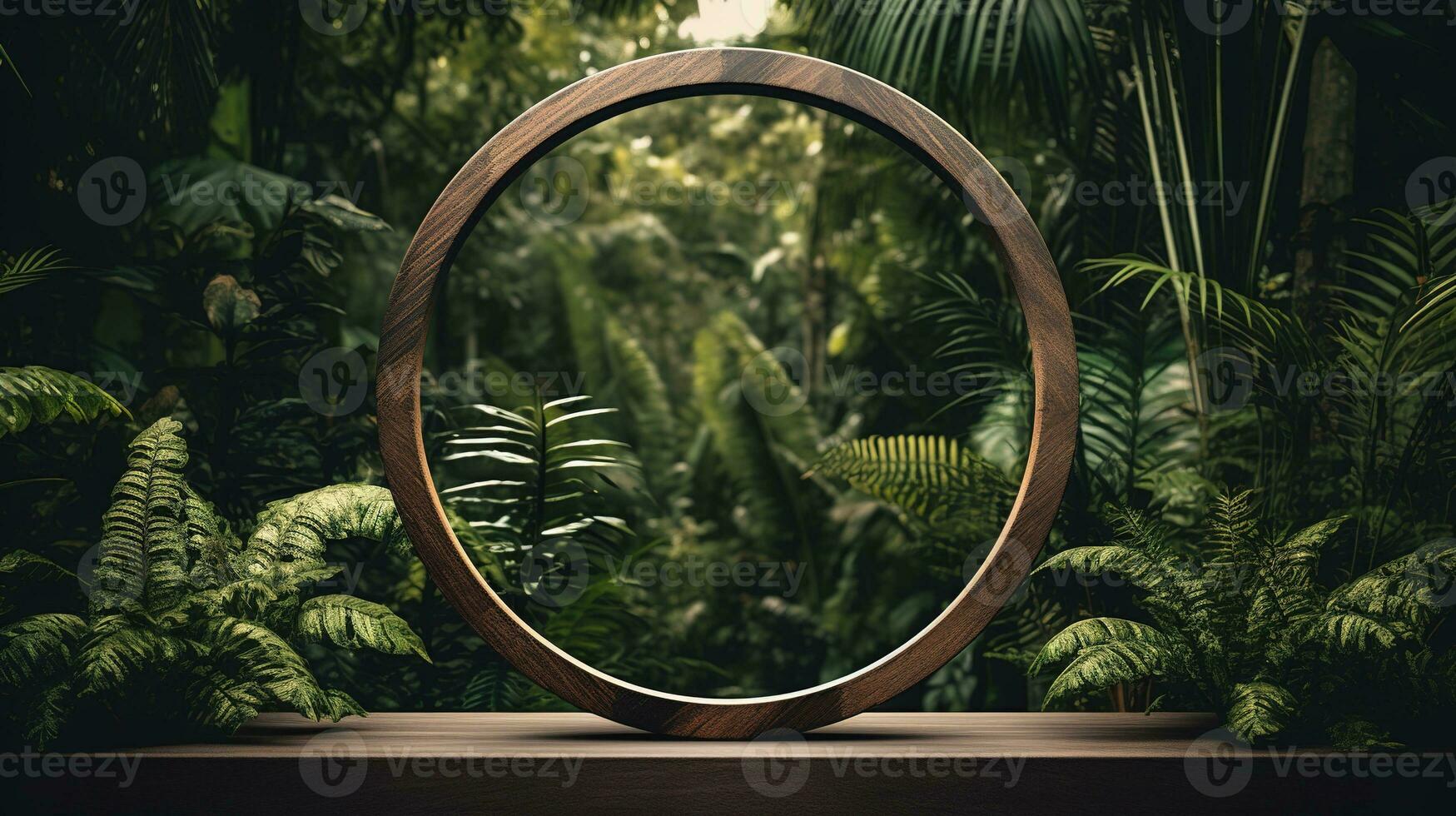 Generative AI, Empty circle wooden frame and tropical leaves on jungle background. For product display. photo