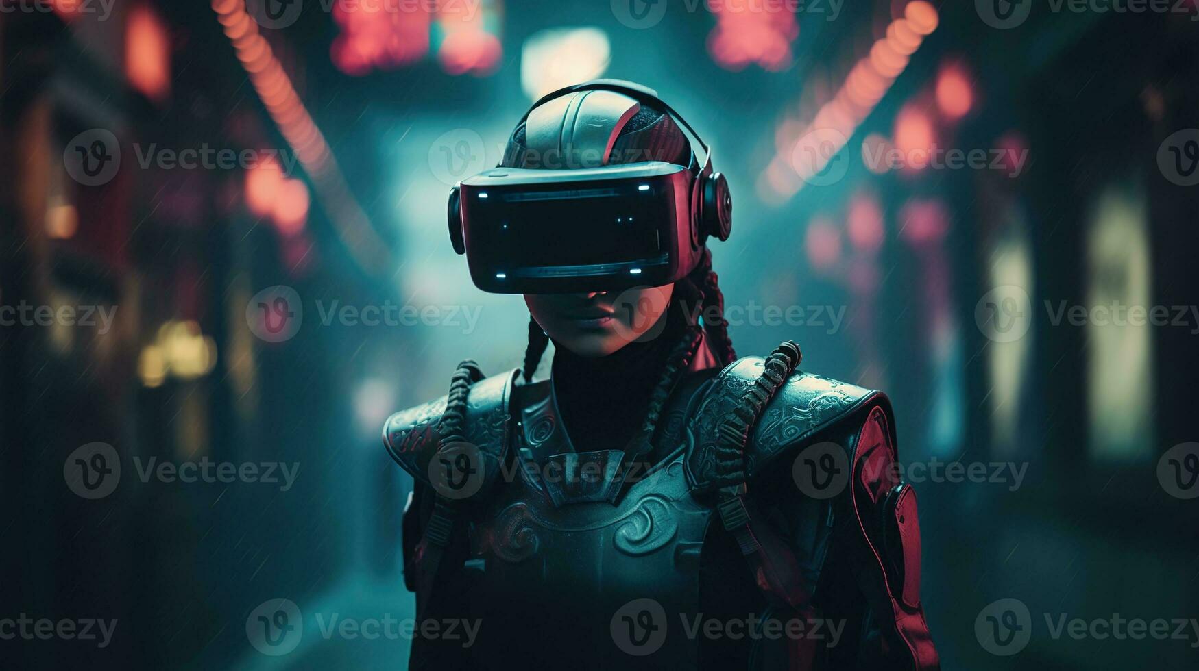 Generative AI, beautiful asian person in samurai suit in VR glasses in neon space street, virtual reality headset in cyberspace photo