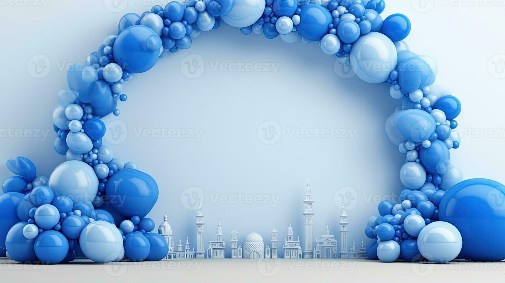 Generative AI, arch of blue balloons. Birthday party for boy 3d background, shower. Mockup, template for greetiing card. photo