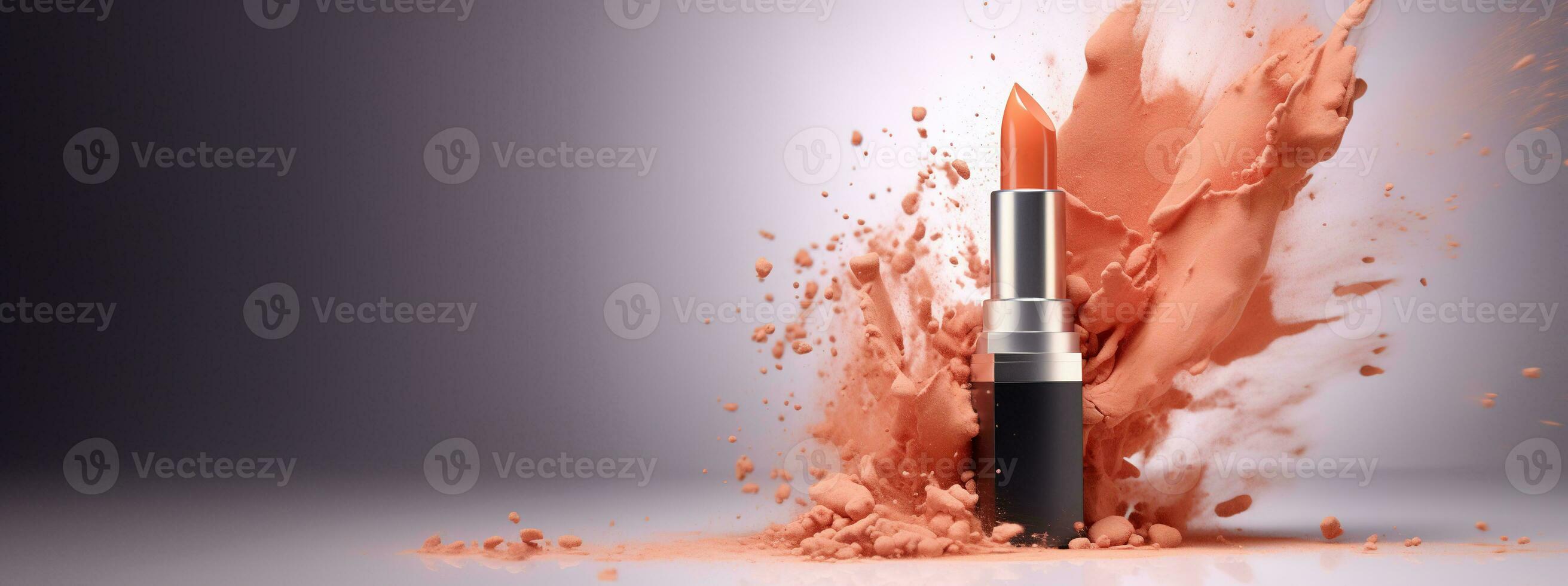 Generative AI, Apricot color lipstick, orange powder splashes and smoke with copy space. photo