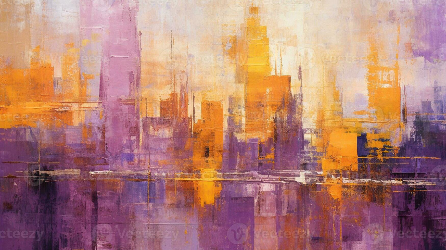 Generative AI, Abstract oil painting of a city with bold strokes in purple and orange colors, background with a skyscrapers photo