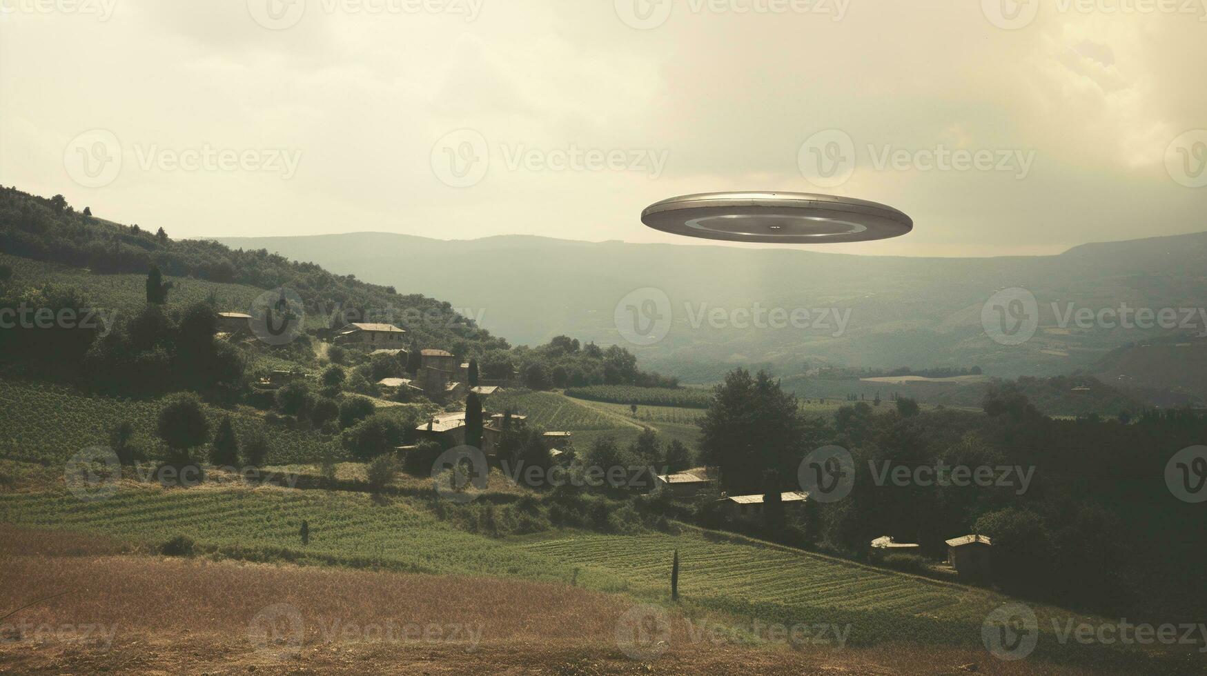 Generative AI, UFO over the Italian landscape vintage photo, aliens witnesses retro 1930s style photography photo