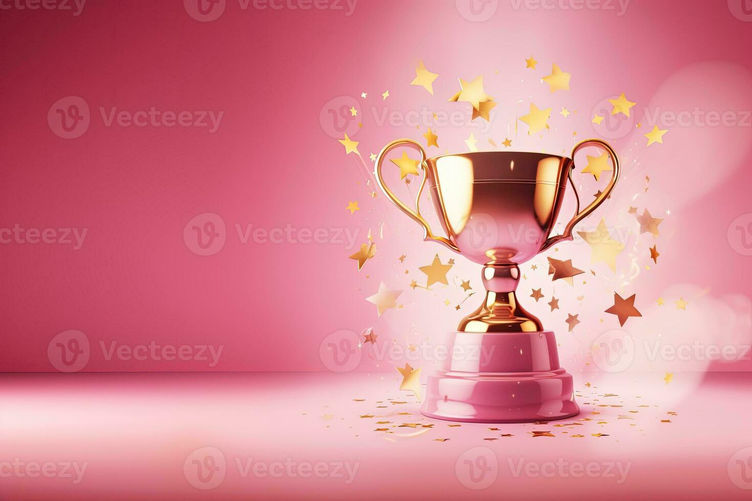 Generative AI, Winner trophy with flames, pink golden champion cup with falling confetti on pink background photo