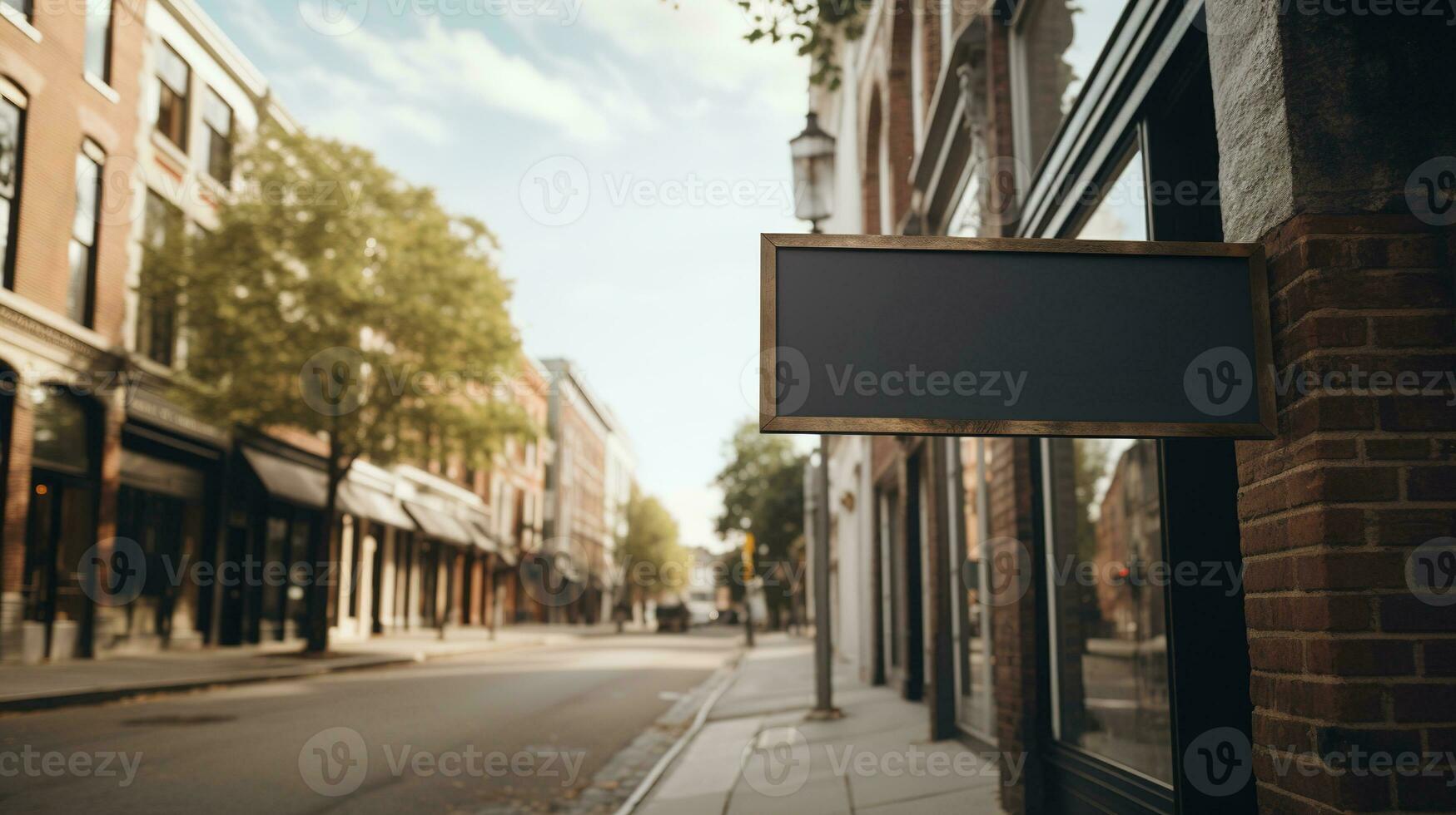 Generative AI, coffee shop street signboard mock up for logo design, brand presentation, aesthetic muted neutral colors, on the wall outdoor photo