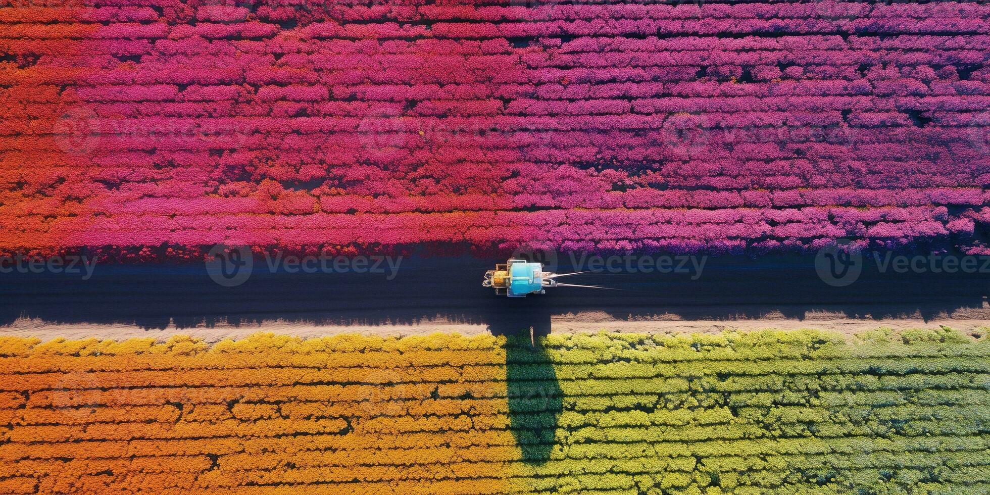 Generative AI, Farm colorful landscape, agricultural fields, beautiful countryside, country road. Nature Illustration, top view drone, horizontal banner. photo