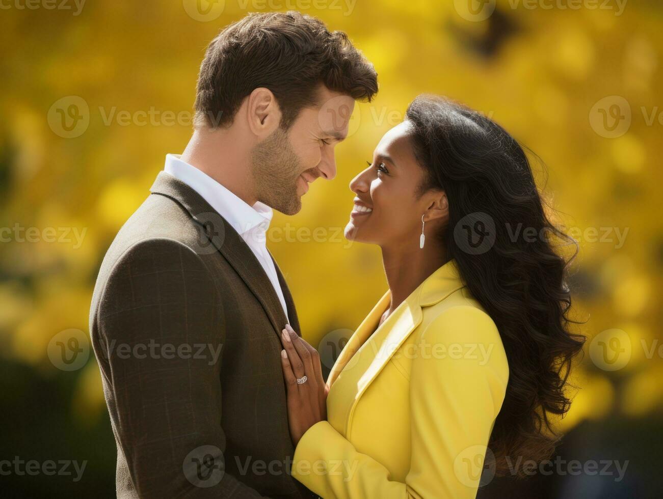 Loving interracial couple is enjoying a romantic autumn day AI Generative photo