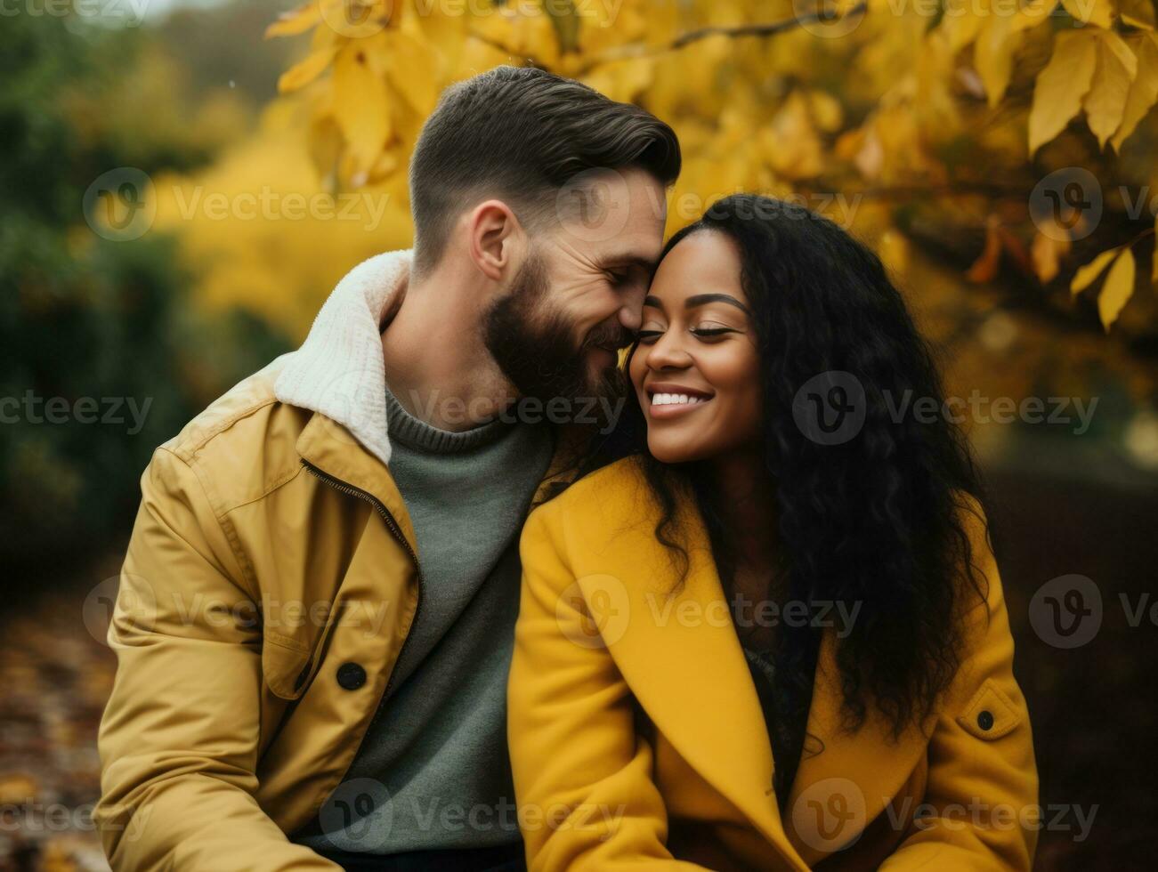 Loving interracial couple is enjoying a romantic autumn day AI Generative photo