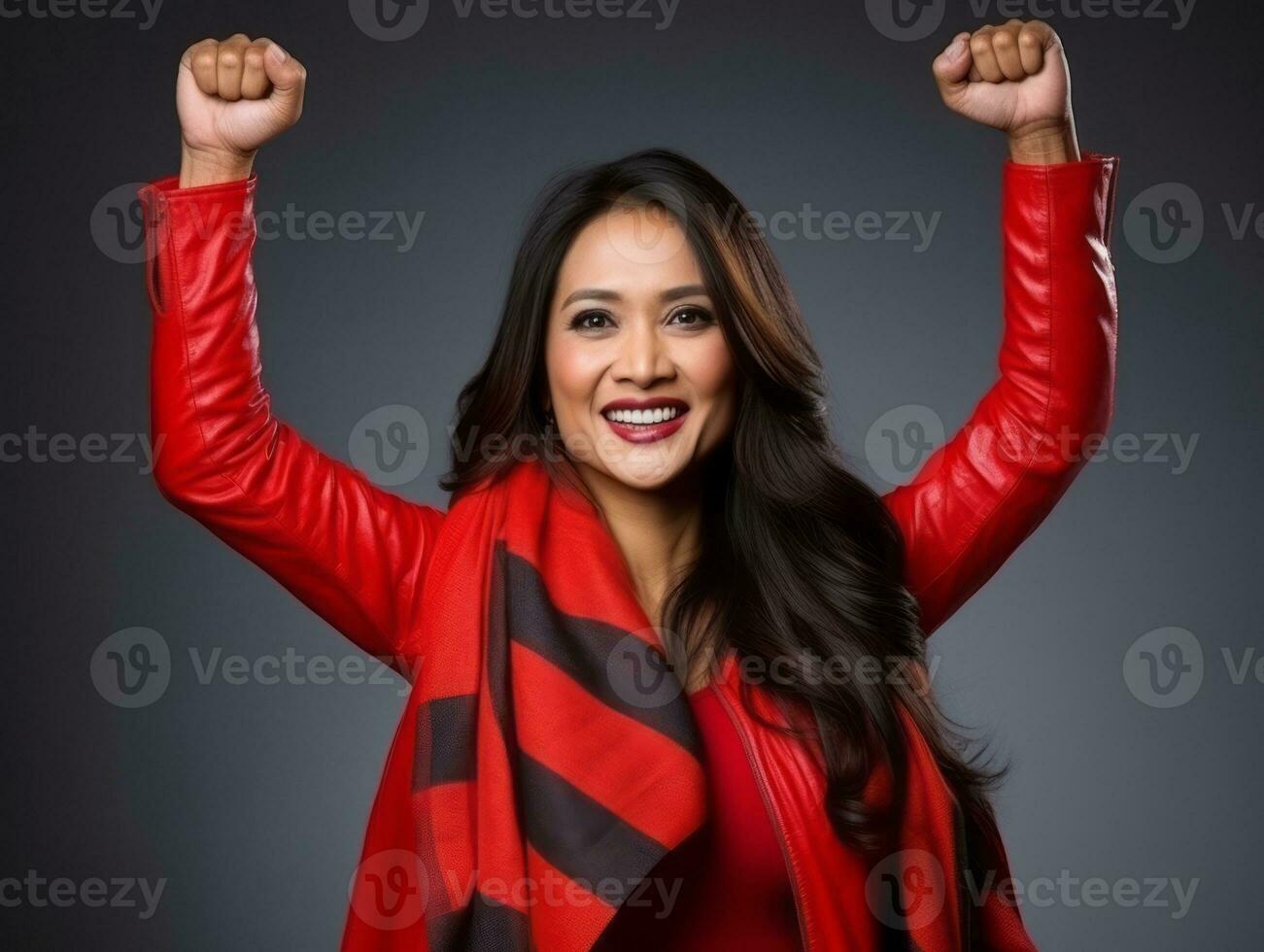 40 year old asian woman in emotional dynamic pose on solid background AI Generative photo
