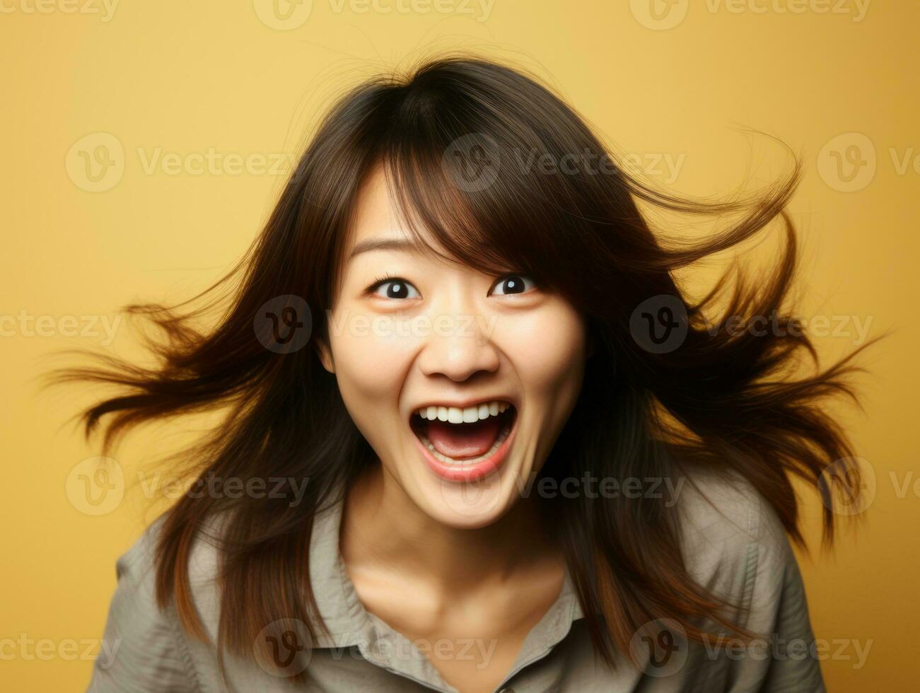 40 year old asian woman in emotional dynamic pose on solid background AI Generative photo