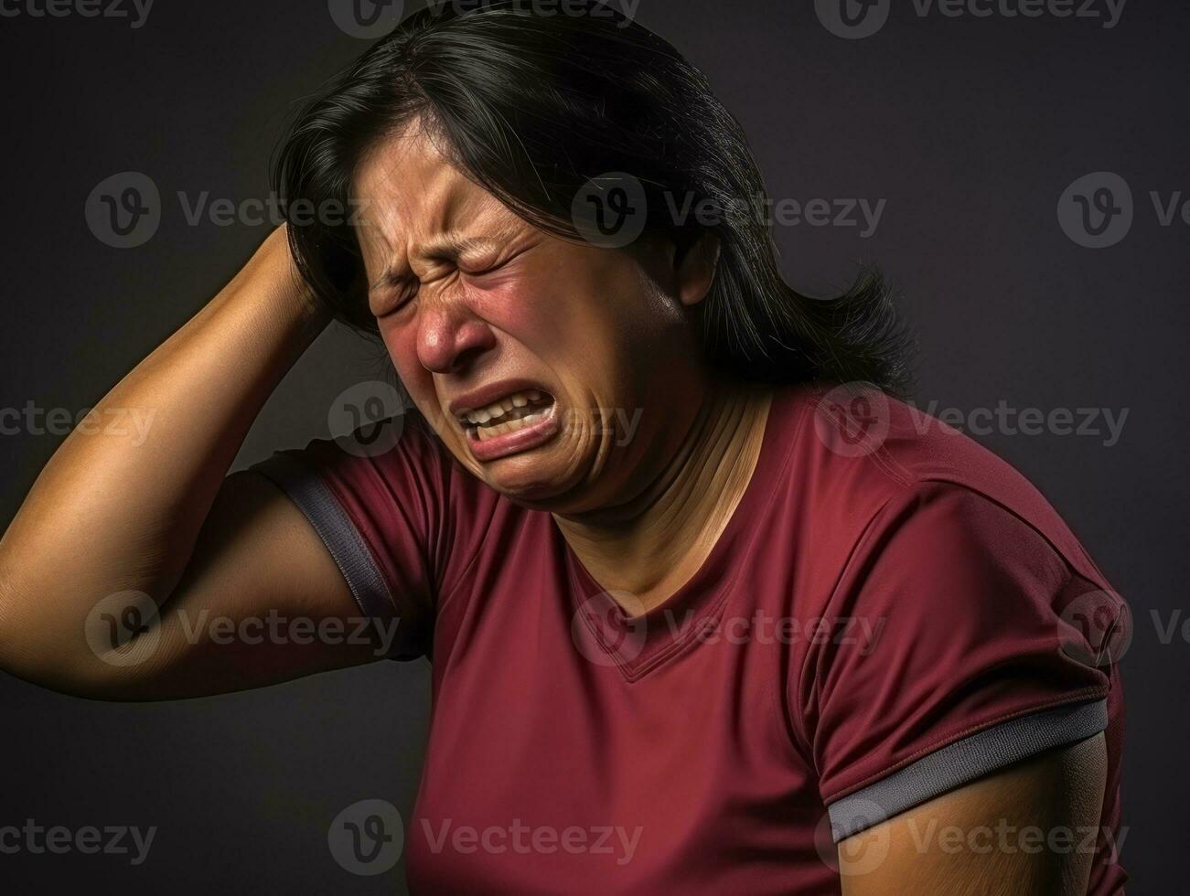 40 year old asian woman in emotional dynamic pose on solid background AI Generative photo