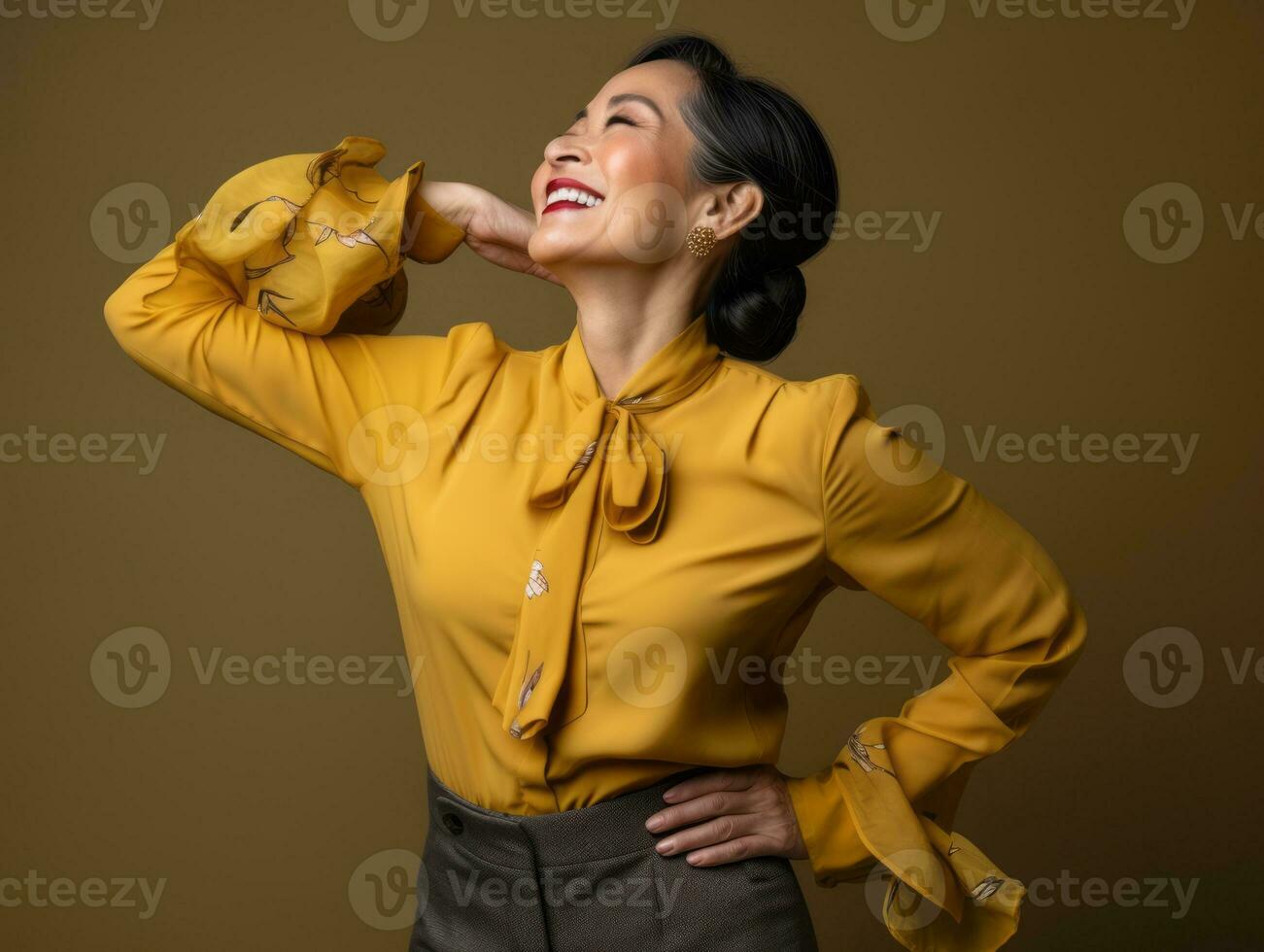 40 year old asian woman in emotional dynamic pose on solid background AI Generative photo