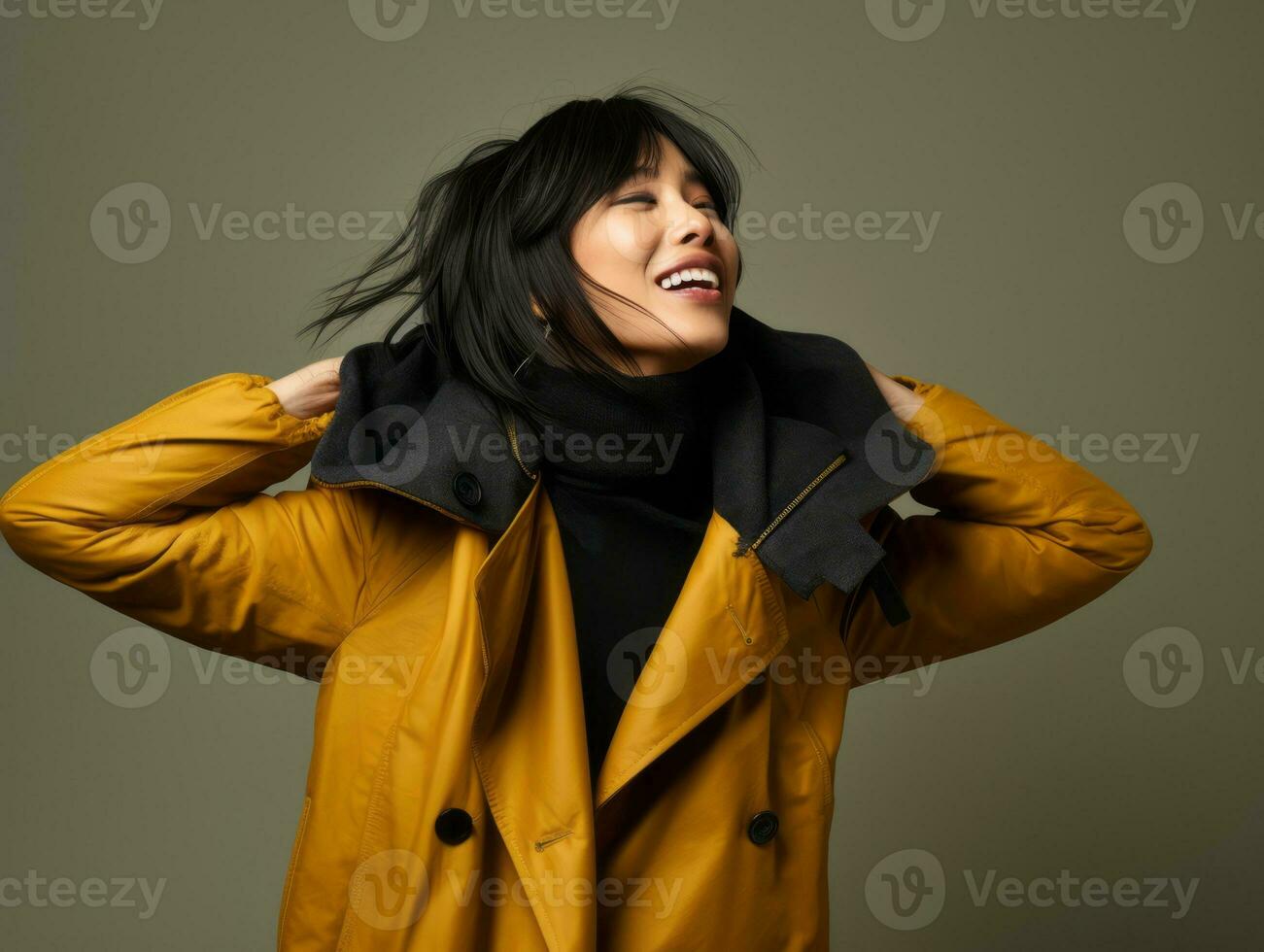 40 year old asian woman in emotional dynamic pose on solid background AI Generative photo