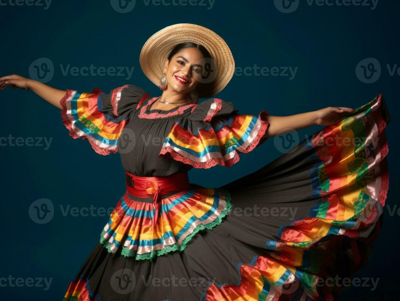 40 año antiguo mexicano mujer en emocional dinámica actitud en sólido antecedentes ai generativo foto