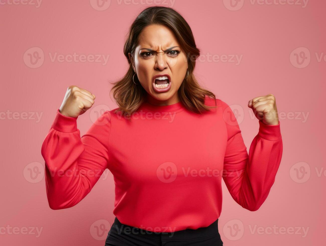 40 year old mexican woman in emotional dynamic pose on solid background AI Generative photo