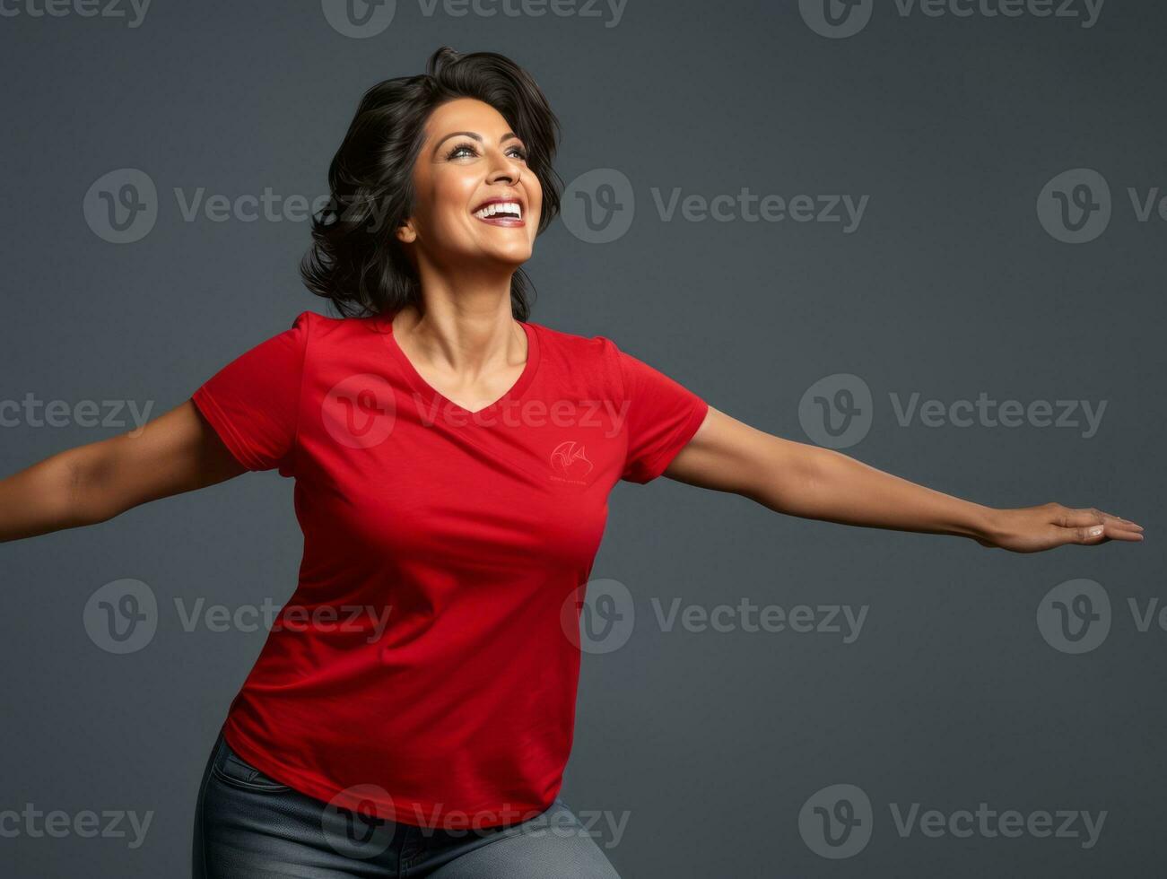 40 year old mexican woman in emotional dynamic pose on solid background AI Generative photo