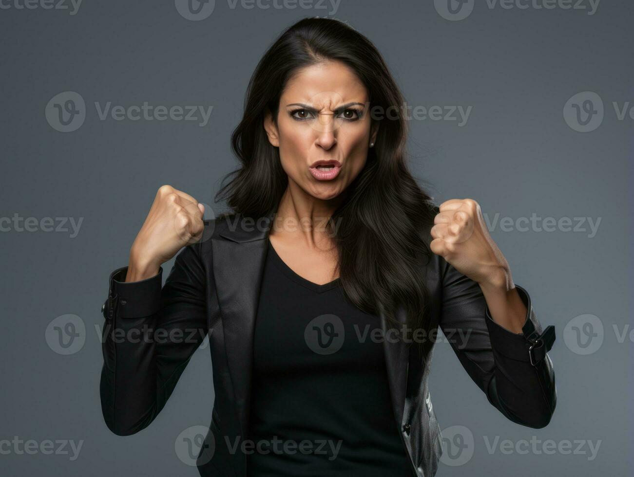 40 year old mexican woman in emotional dynamic pose on solid background AI Generative photo