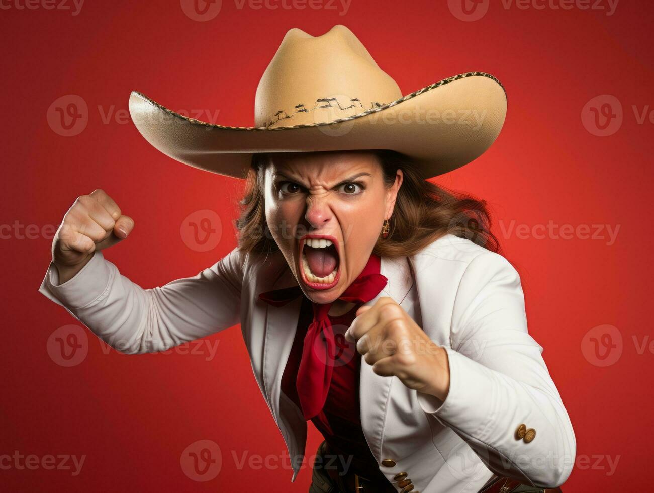 40 year old mexican woman in emotional dynamic pose on solid background AI Generative photo