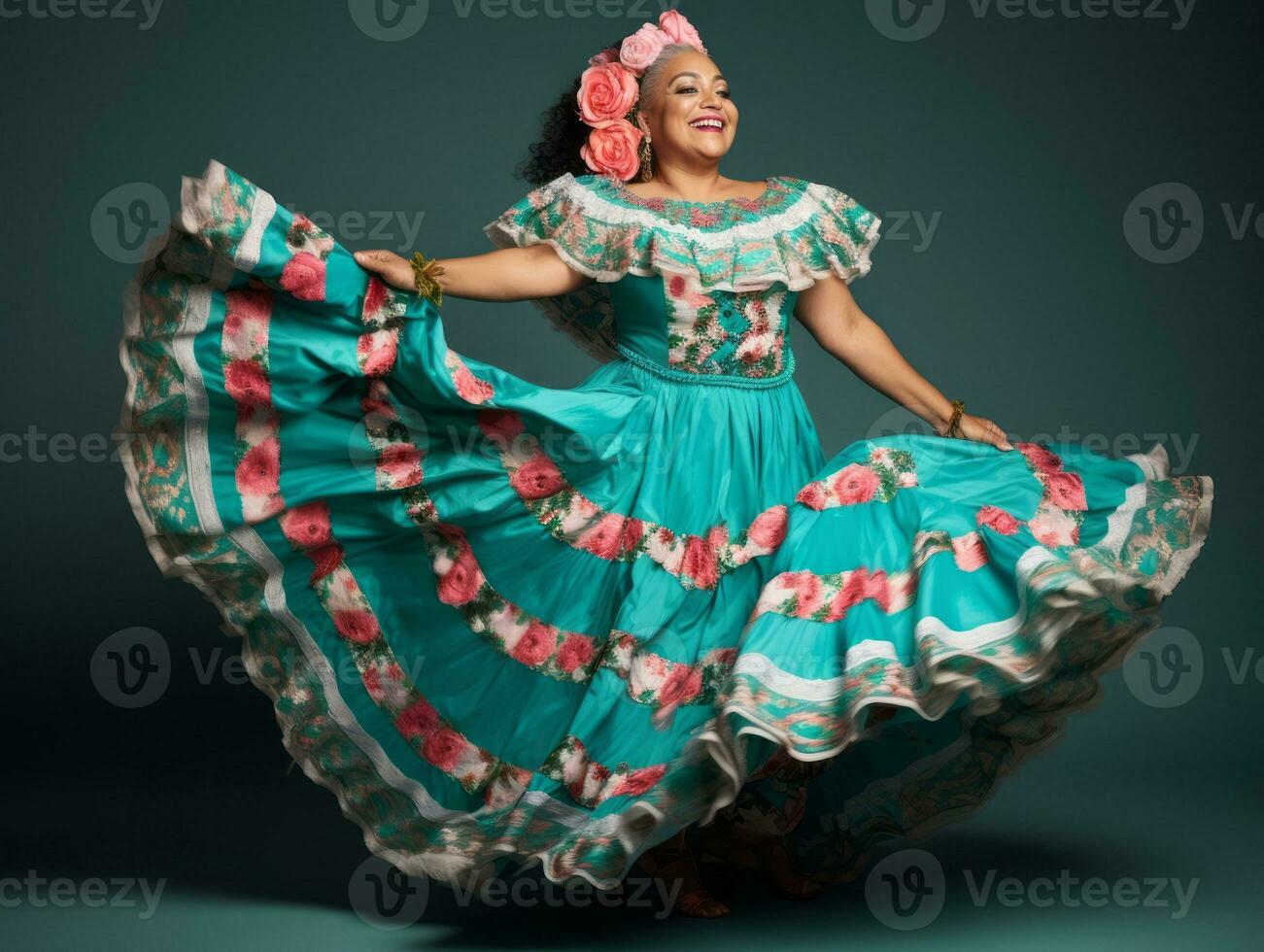 40 year old mexican woman in emotional dynamic pose on solid background AI Generative photo