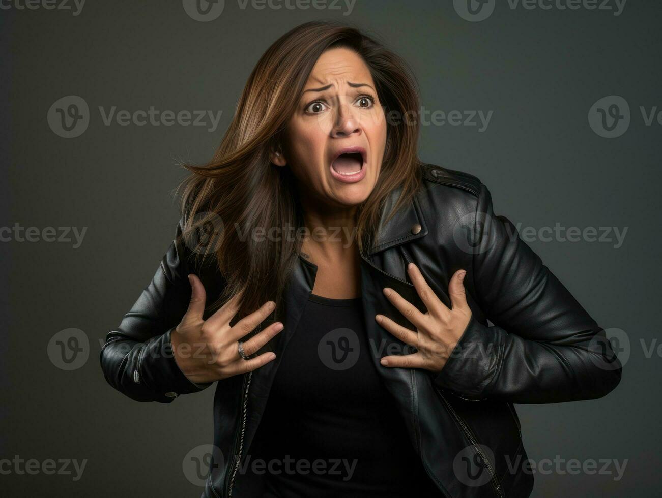 40 year old mexican woman in emotional dynamic pose on solid background AI Generative photo