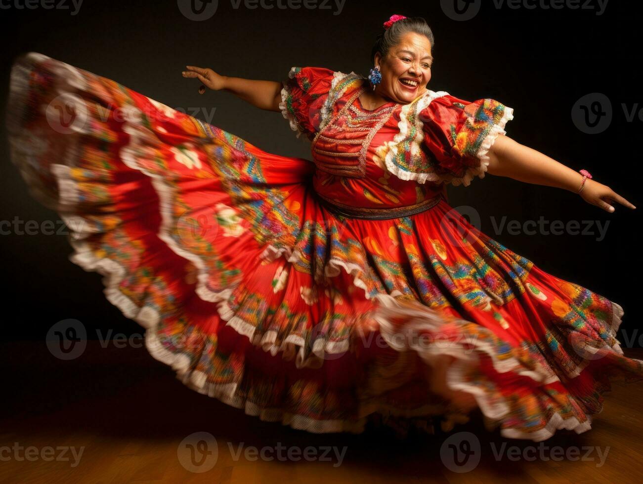 40 año antiguo mexicano mujer en juguetón actitud en sólido antecedentes ai generativo foto