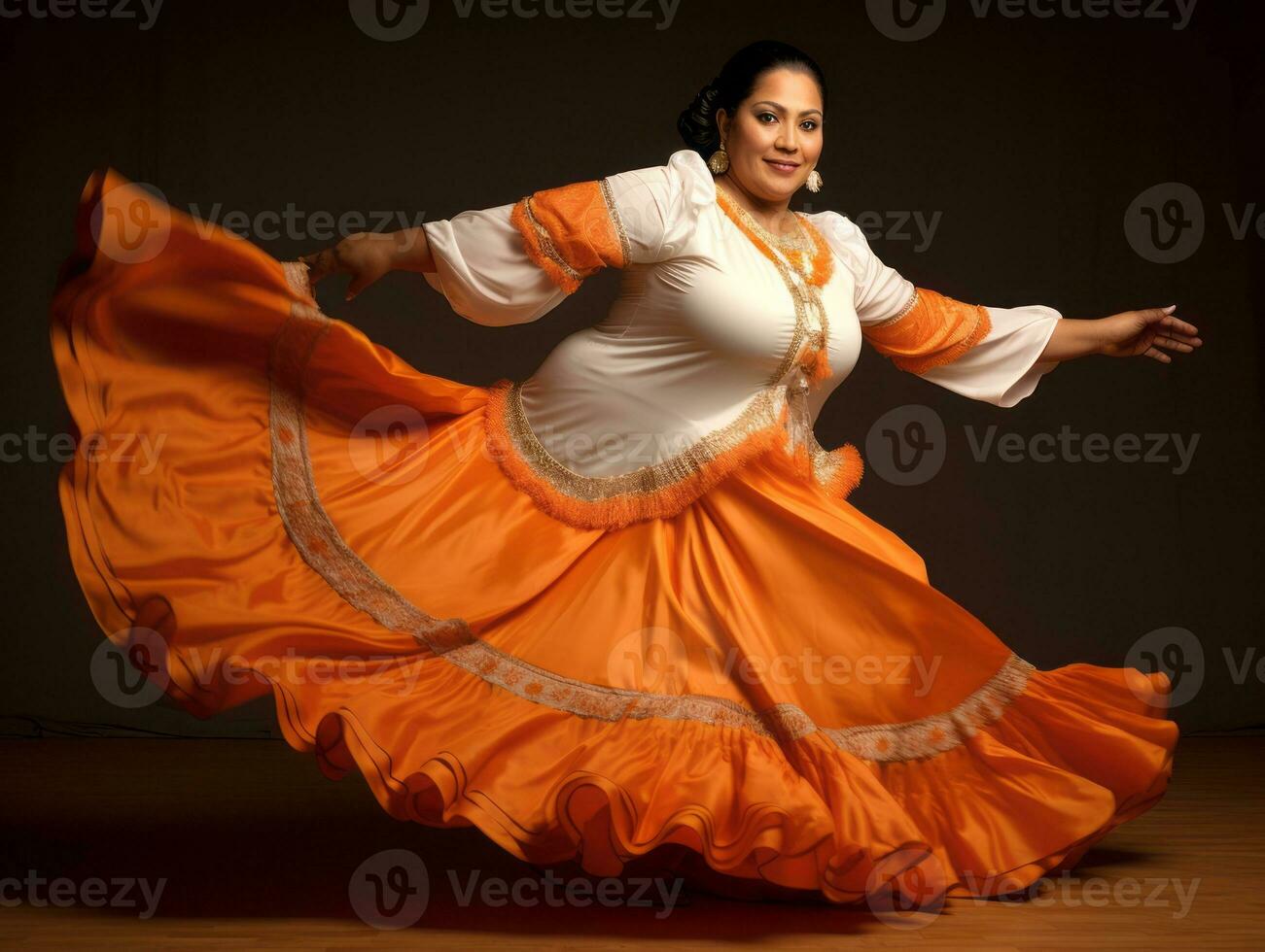 40 año antiguo mexicano mujer en juguetón actitud en sólido antecedentes ai generativo foto